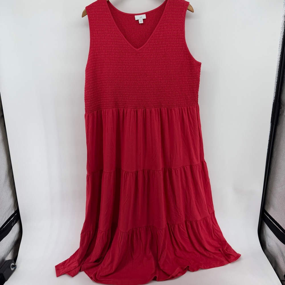 J. Jill Womens Red Smocked Tiered Maxi Dress Sleeveless V-Neck 2X flowy comfy
